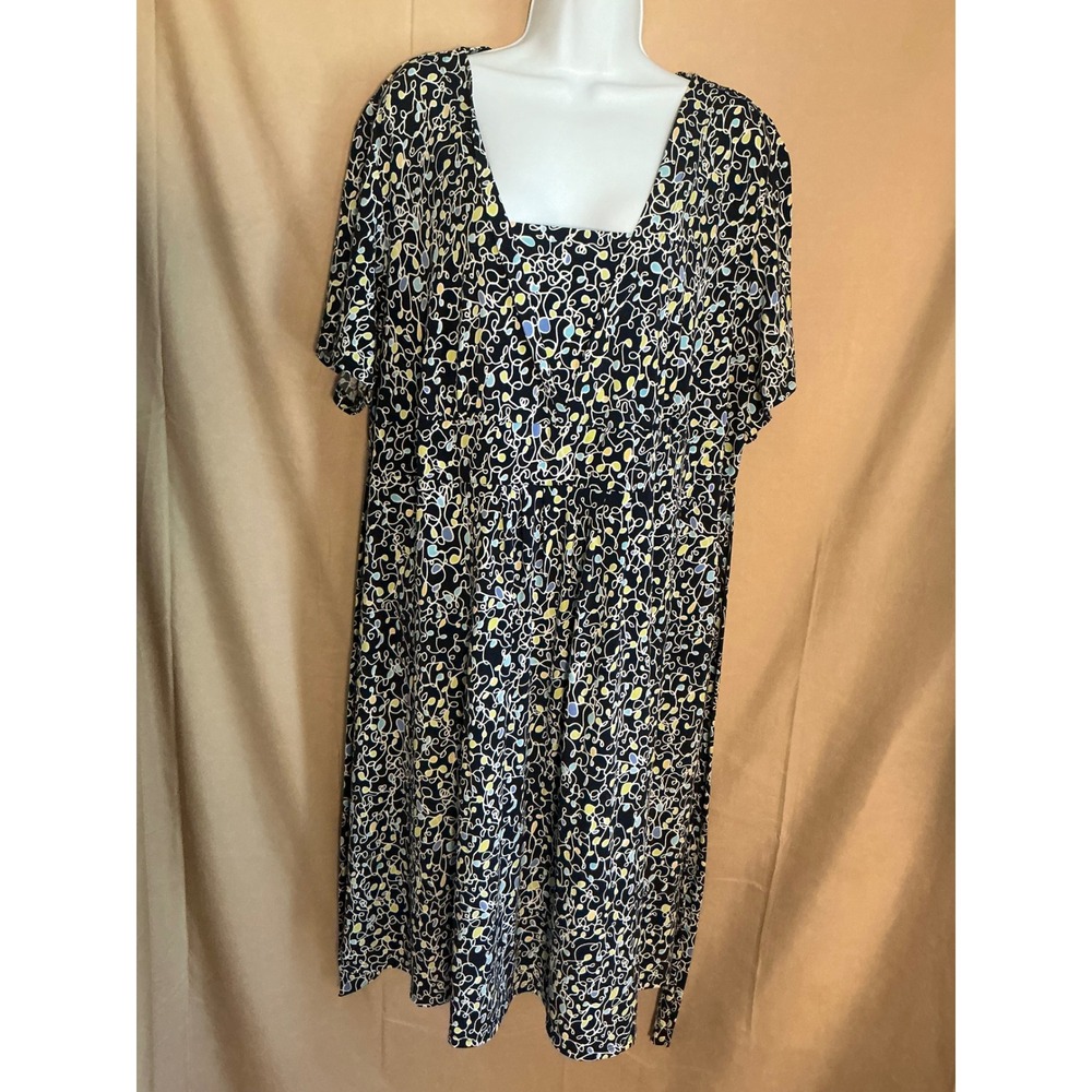 CJ Banks Abstract Print Dress Women 2XL Navy Blue Empire Waist Tie Back